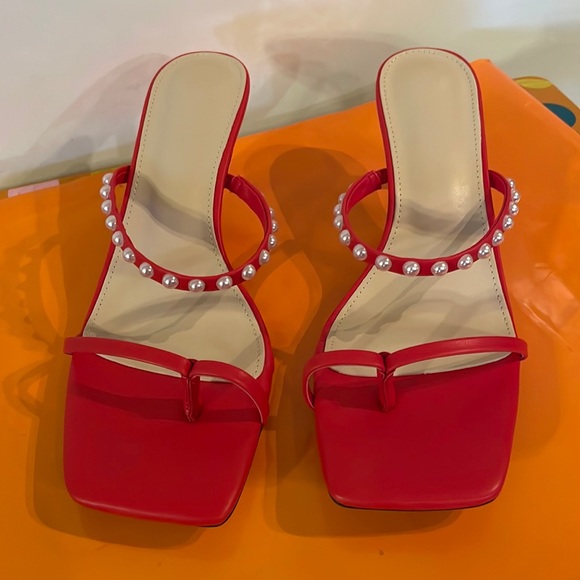 Coutgo | Shoes | Red Kitten Heel Sandals With Pearls | Poshmark